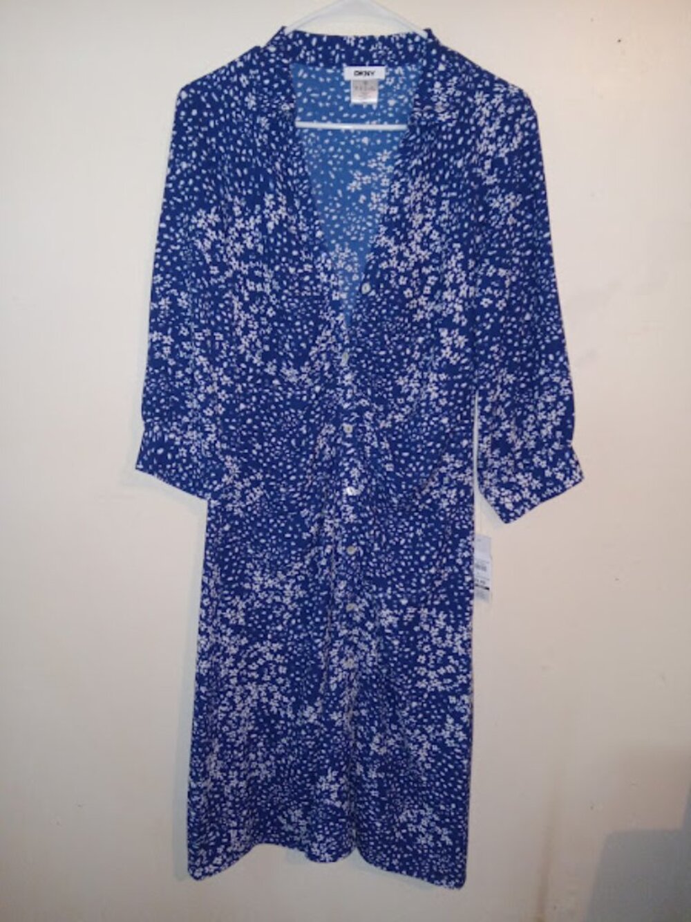 NWT DKNY Floral Button-Front Midi Knee Length 3/4 Sleeve Dress